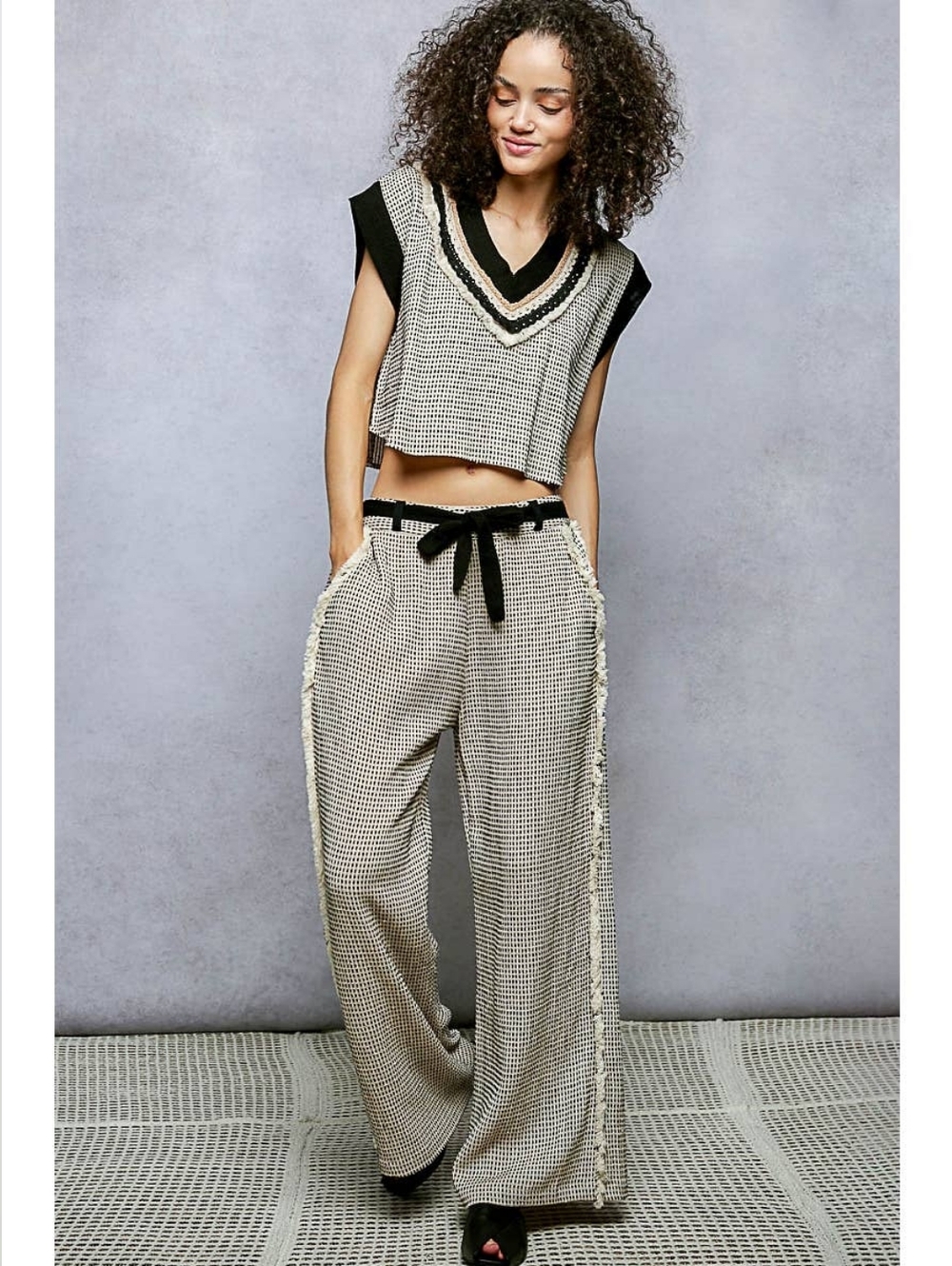 🪶POL 100% Cotton Woven Cream Black Lace Trim Cropped Tennis Top & Pants Set
